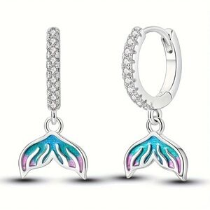 925 Sterling Silver Colorful Mermaid Fishtail Drop Dangle Earrings